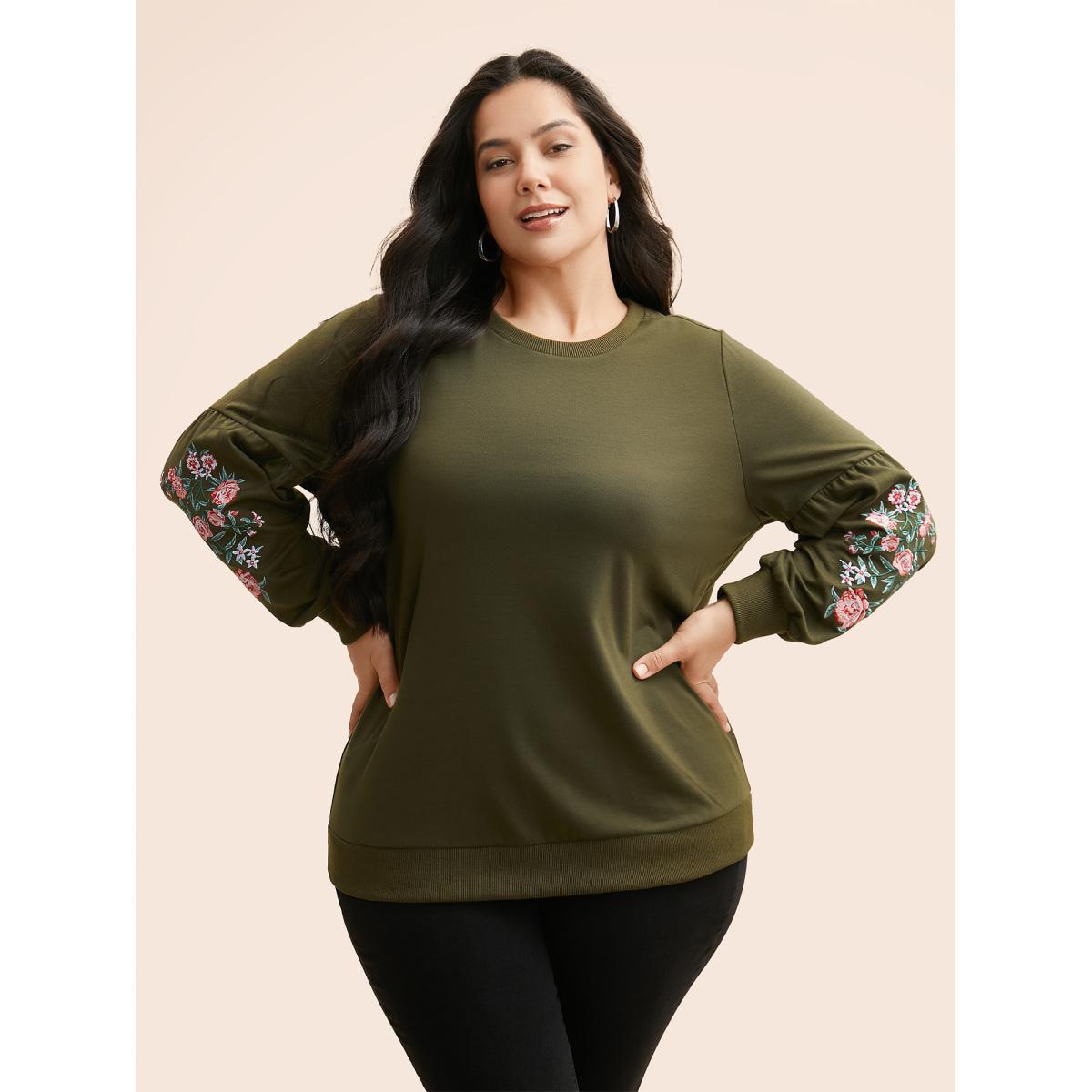 Plus Size Floral Embroidered Crew Neck Gathered Sweatshirt Women ArmyGreen Casual Embroidered Round Neck Everyday Sweatshirts BloomChic 28/5X Product Image