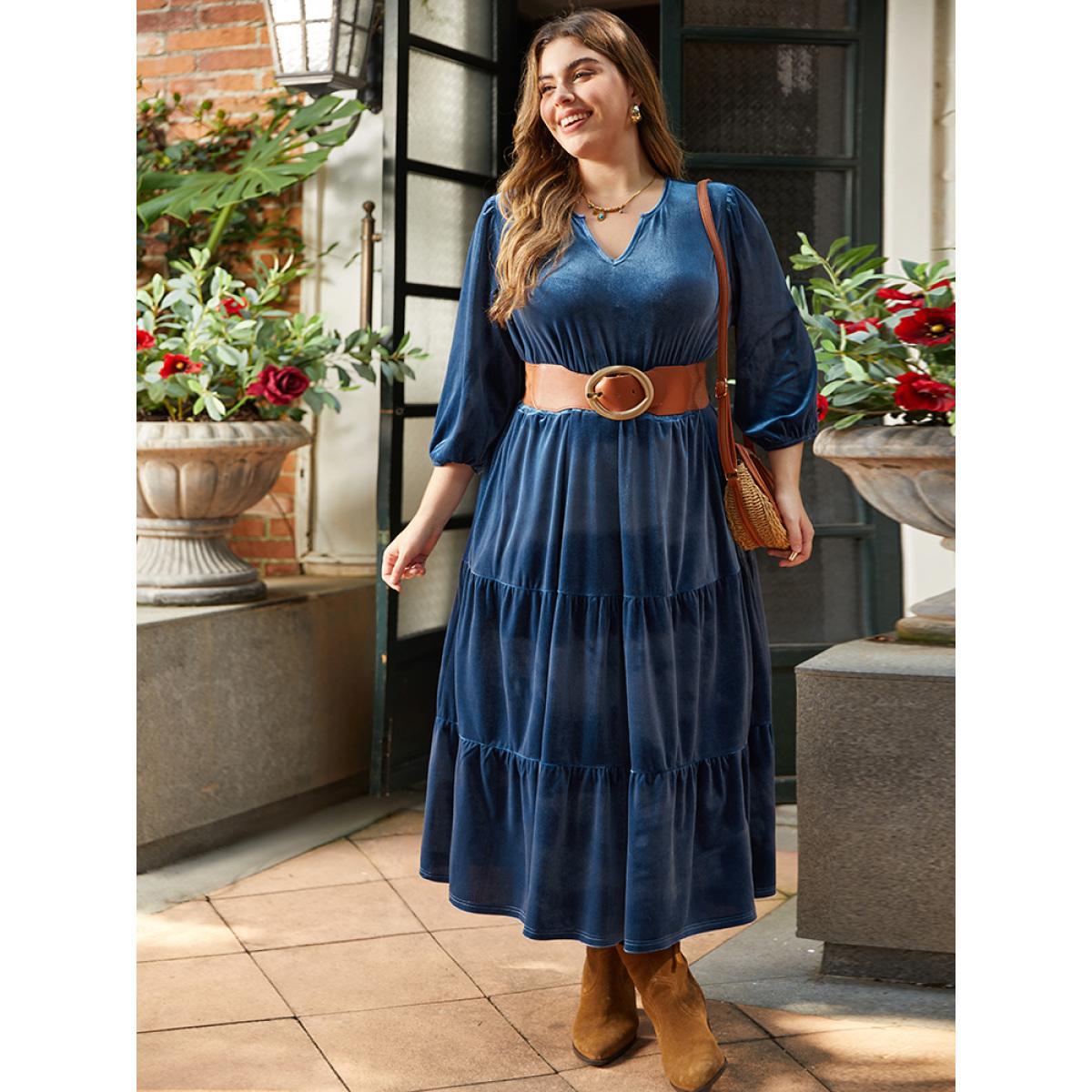 Plus Size Velvet Solid Notched Shirred Tiered Hem Dress Cerulean Women Vacation Elastic cuffs Notched collar Elbow-length sleeve Curvy Midi Dress BloomChic 28/5X Product Image