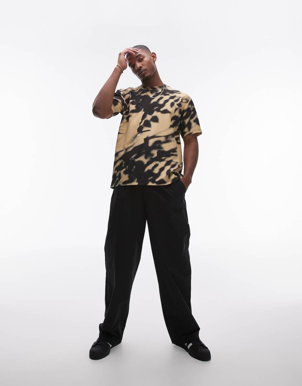 Topman oversized fit blurred floral printed plisse t-shirt in black Product Image