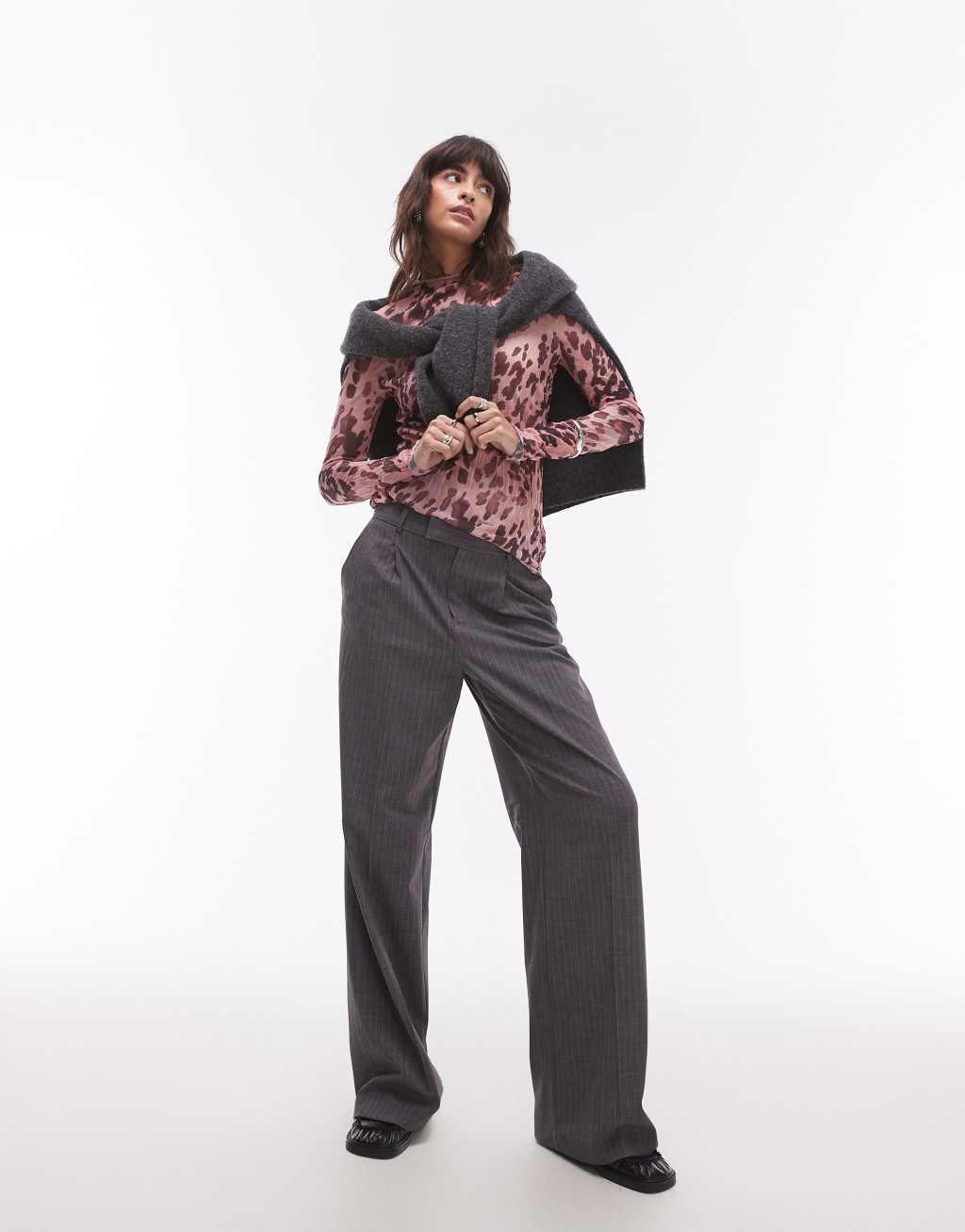 Topshop leopard crinkle long sleeve top in pink Product Image