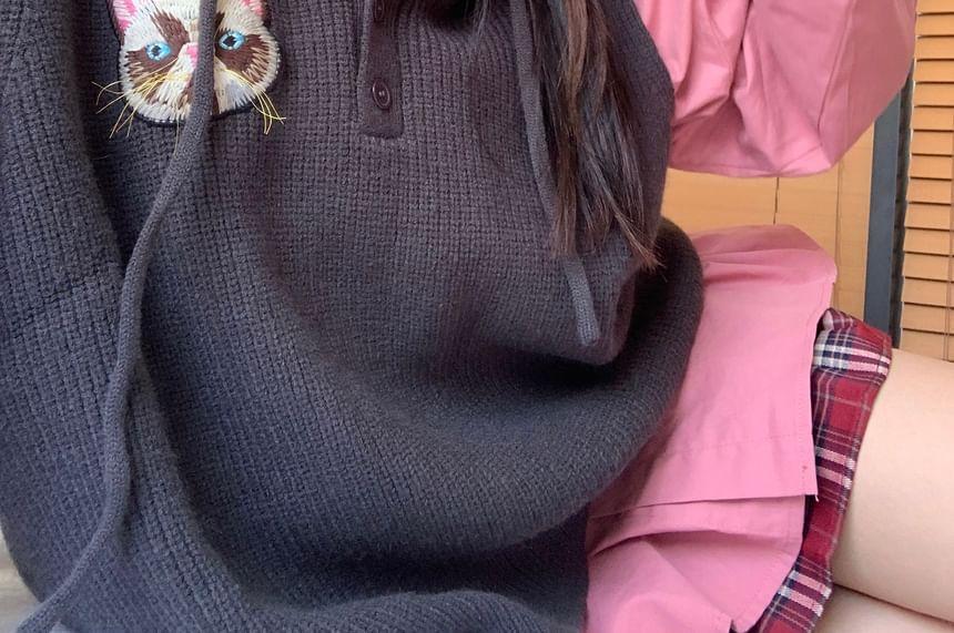 Plain Button-Up Shirt / Striped Neck Tie / Cat Embroidered Knit Sweater Vest Product Image