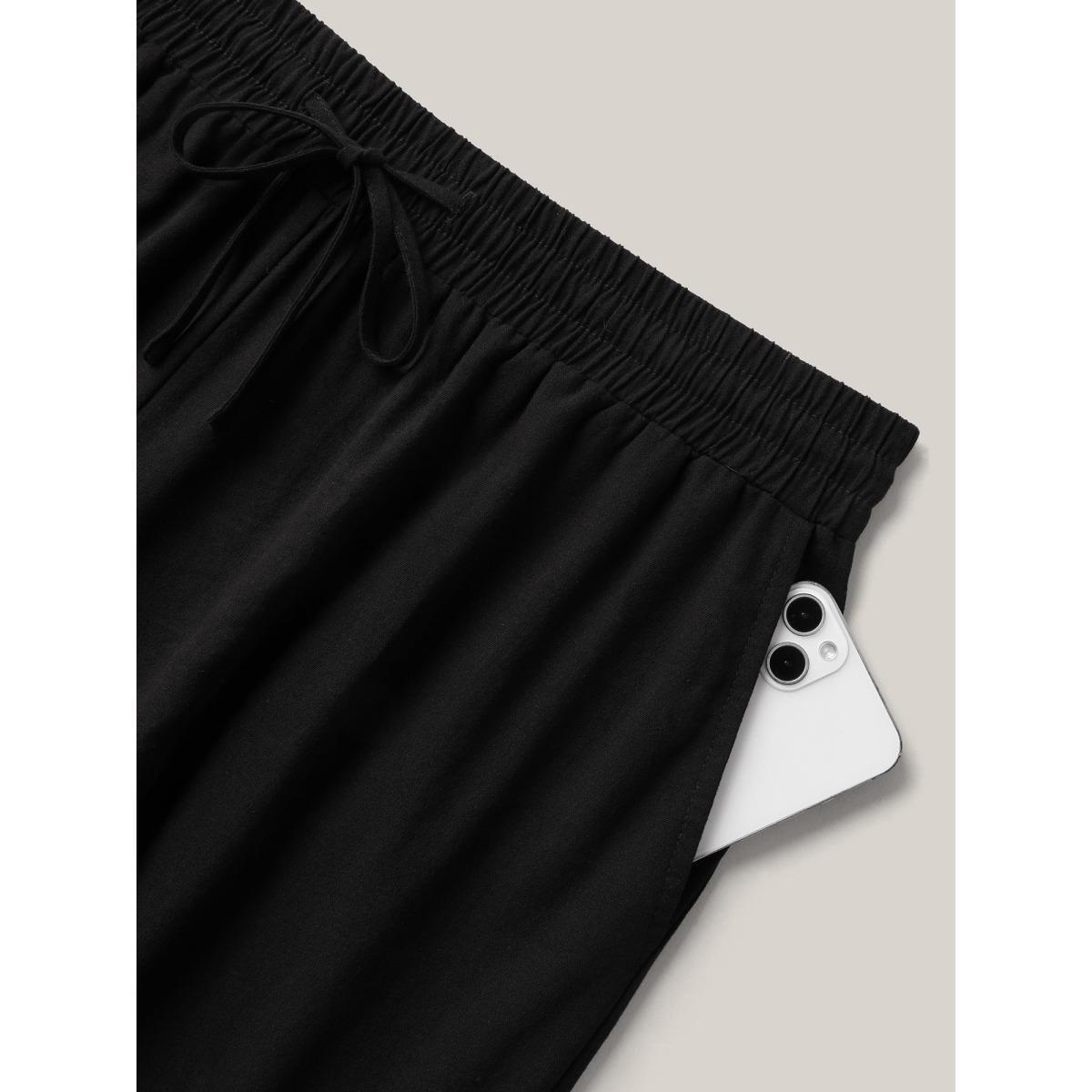 Plus Size Drawstring Scalloped Lace Hem Pants Women Black Casual Straight Leg Mid Rise Everyday Pants BloomChic 14-16/1X Product Image