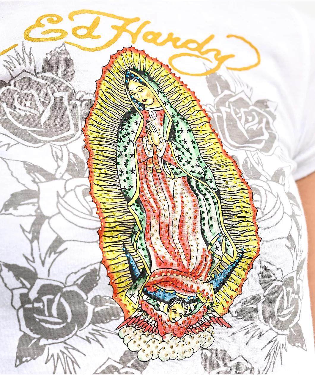 Ed Hardy Mary Rhinestone White Crop T-Shirt Product Image