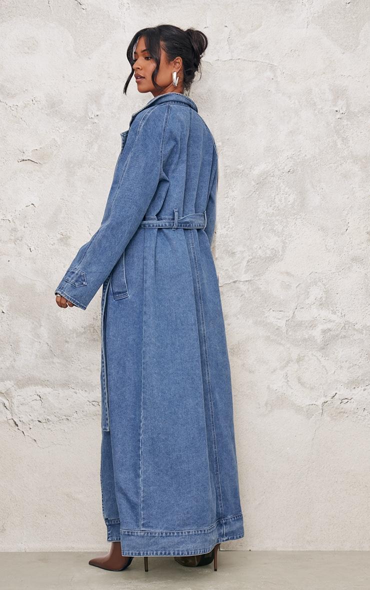 Tall Mid Blue Wash Belt Detail Denim Trench Coat Product Image