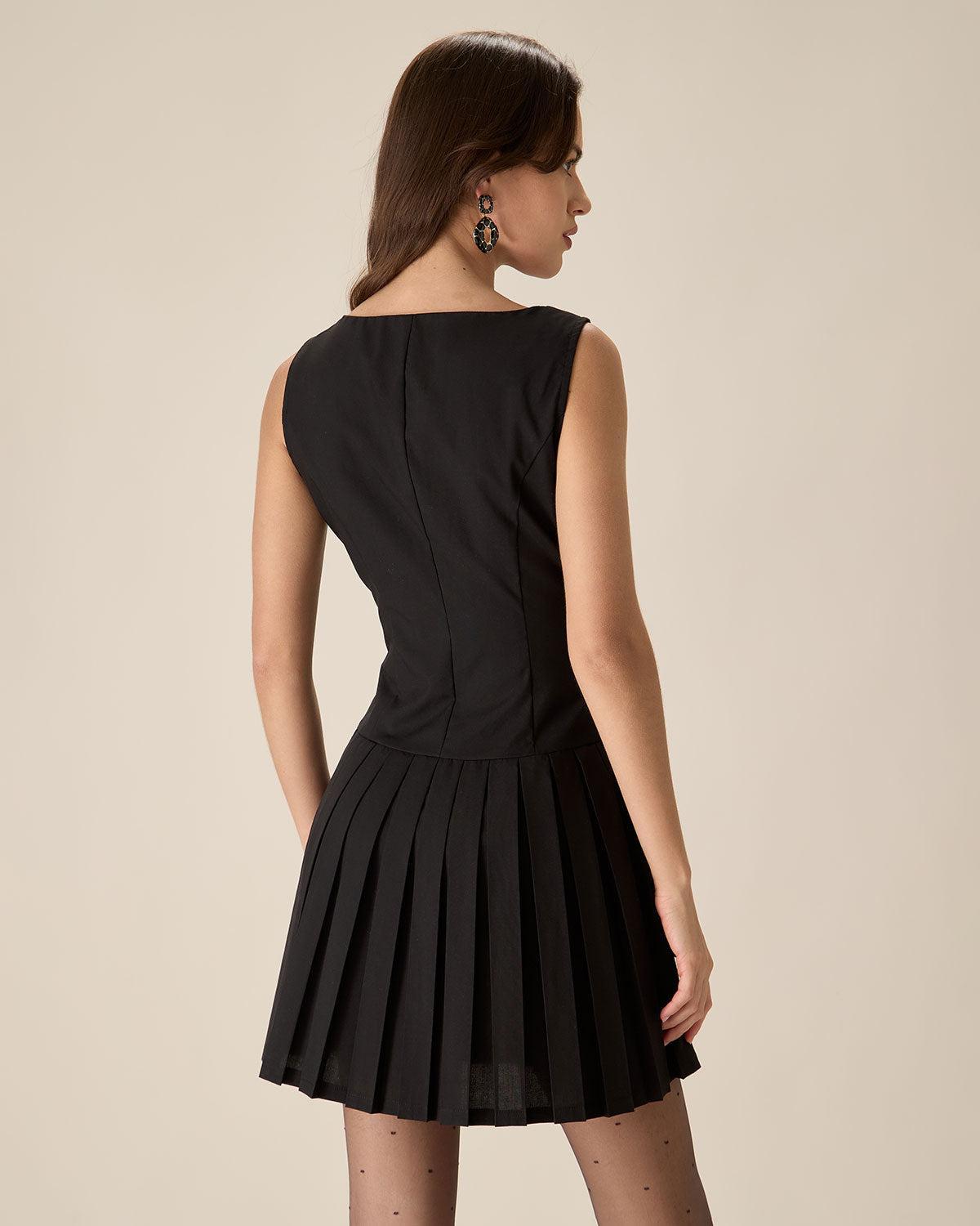 Black Boat Neck Pleated Mini Dress Product Image