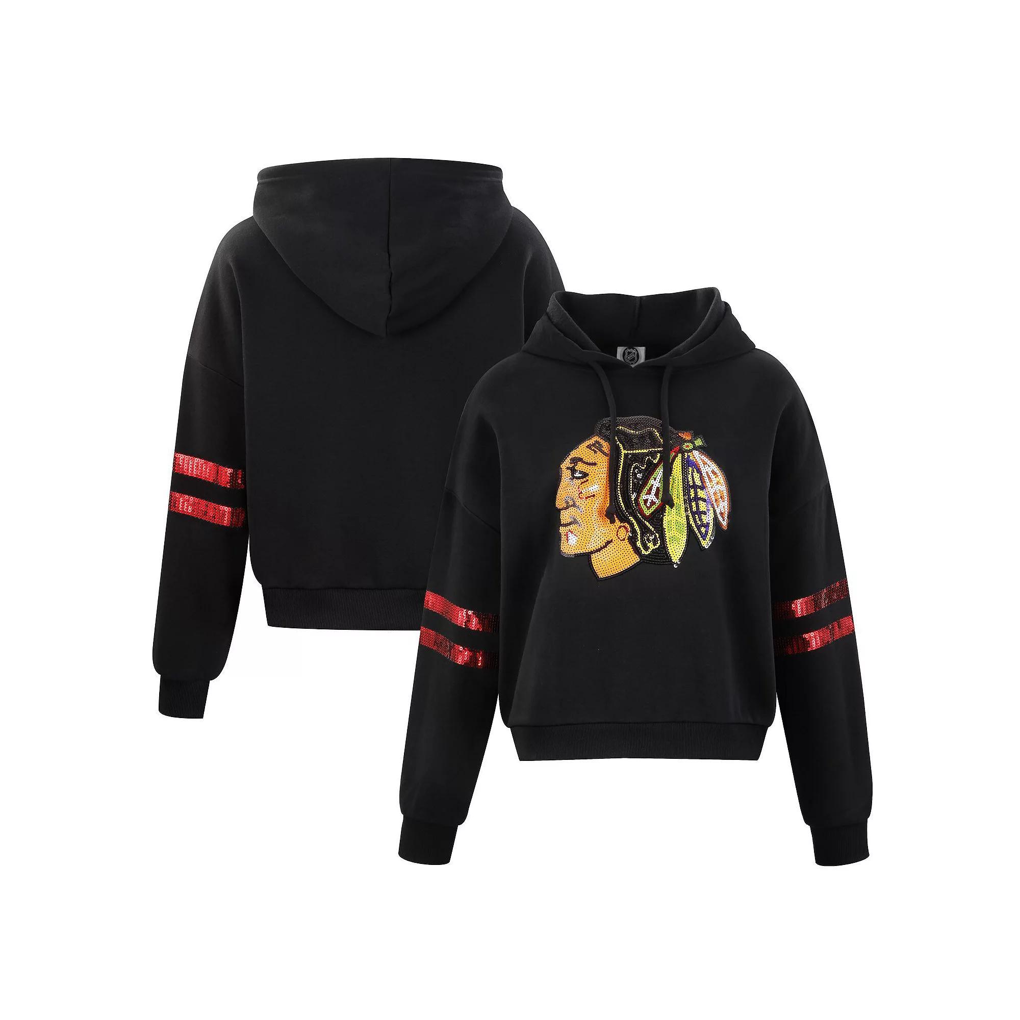 Women's Cuce Black Chicago Blackhawks Sequin Cropped Pullover Hoodie, Size: 2XL Product Image