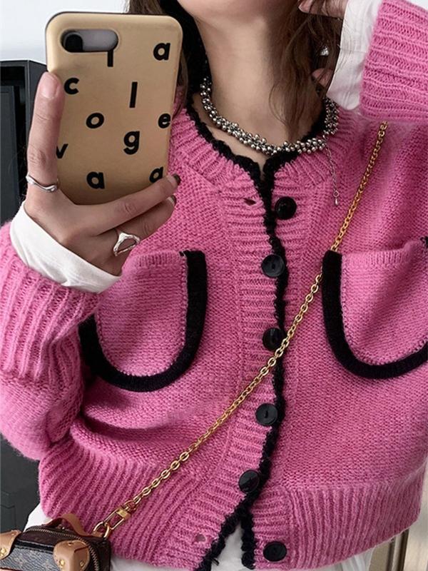 Contrast Color Trim Pocket Short Cardigan Product Image