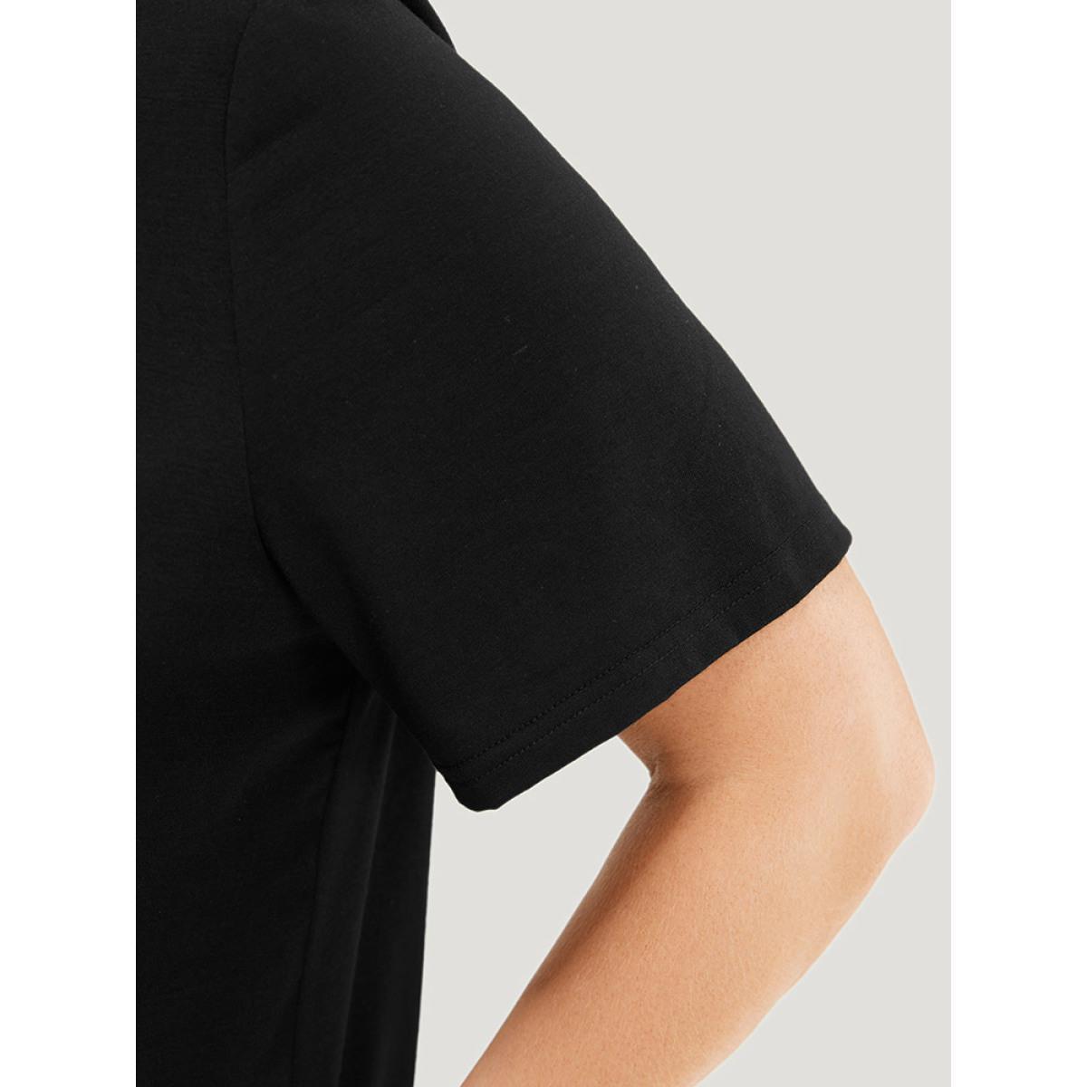 Plus Size Solid Cut Out Crew Neck T-shirt Black Women Elegant Cut-Out Plain Round Neck Dailywear T-shirts BloomChic 10/M Product Image