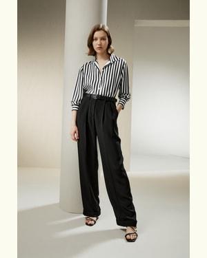 LILYSILK Classic Women'S Amalfi Blue White Stripe Silk Shirt - Black-White Pinstripes - L Product Image