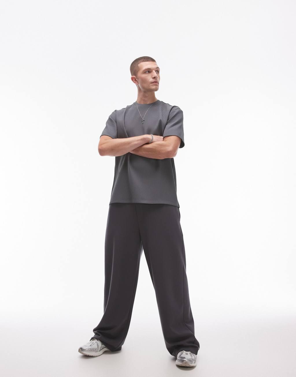 Topman oversized fit plisse T-shirt in charcoal Product Image