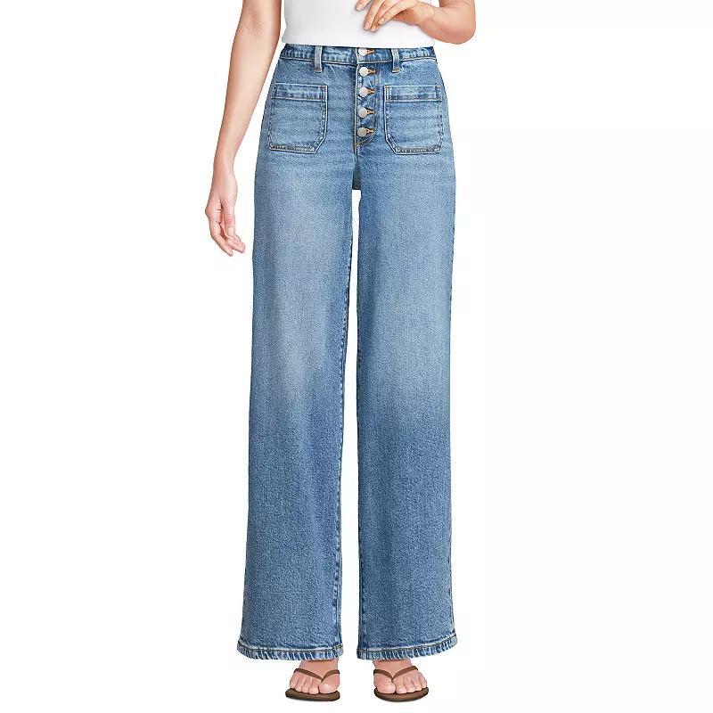 Lands' End Women's Denim High Rise Button Front Patch Pocket Wide Leg Jeans Product Image