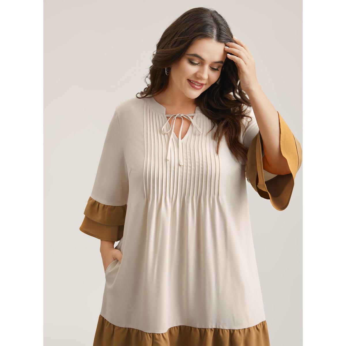 Plus Size Color Block Neck-Tie Tiered Midi Dress Multicolor Women Casual Tucked seam Notched collar Elbow-length sleeve Curvy BloomChic 18-20/2X Product Image