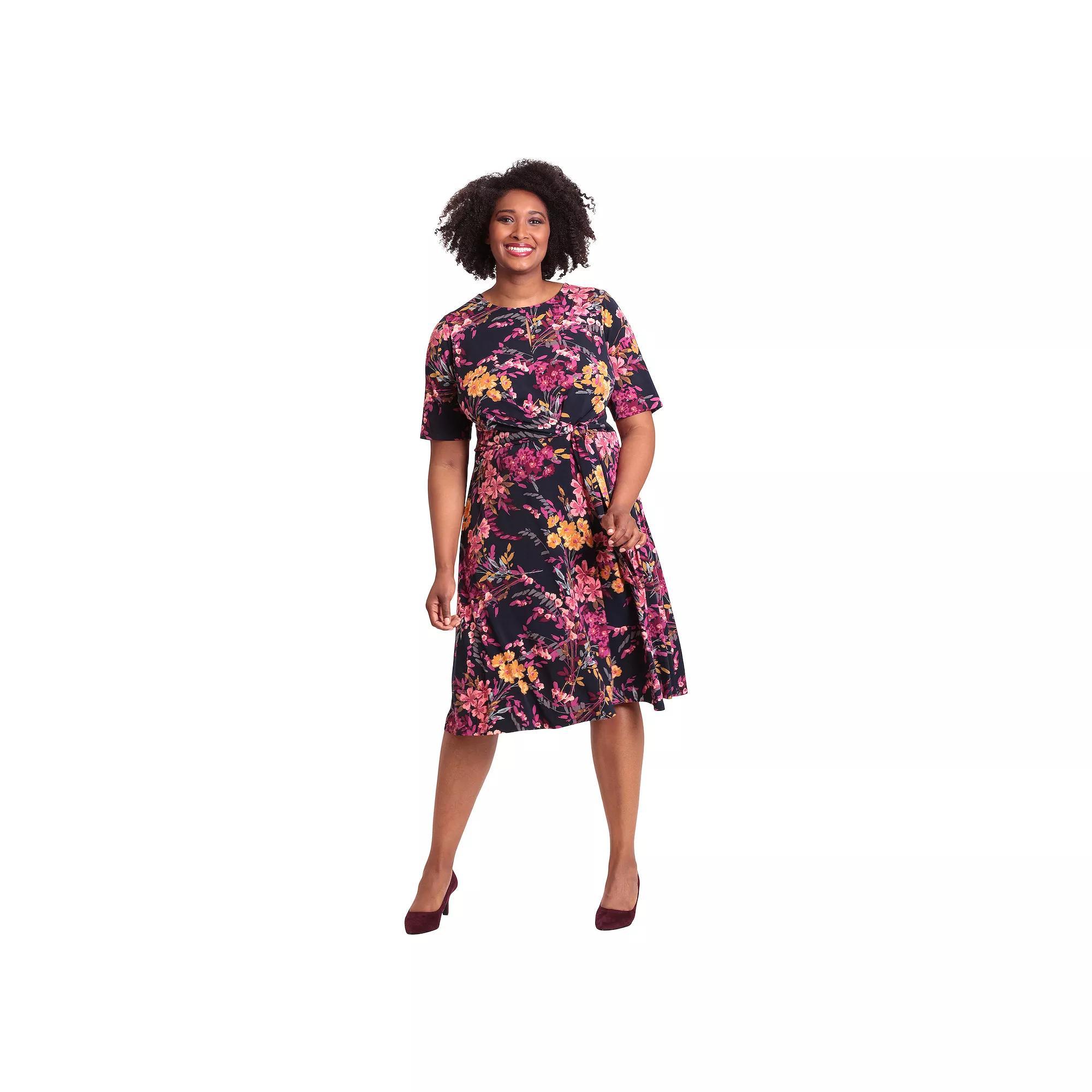 Plus Size London Times Keyhole Elbow Sleeve Midi Dress, Women's, Size: 14 W, Navy Pink Product Image