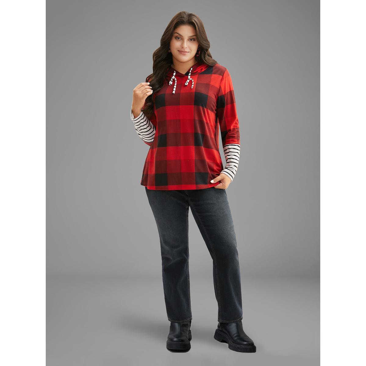 Plus Size Plaid Hooded Drawstring Straight Fit Tee Brightred Women Casual Contrast Hooded Everyday T-shirts BloomChic 30/6X Product Image