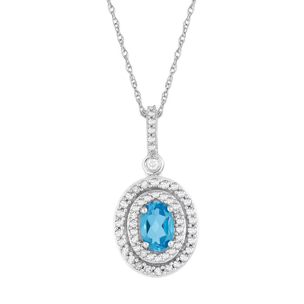 10k White Gold Swiss Blue Topaz & 1/4 Carat T.W. Diamond Double Halo Pendant Necklace, Women's, Size: 18", 10k Whgold Product Image