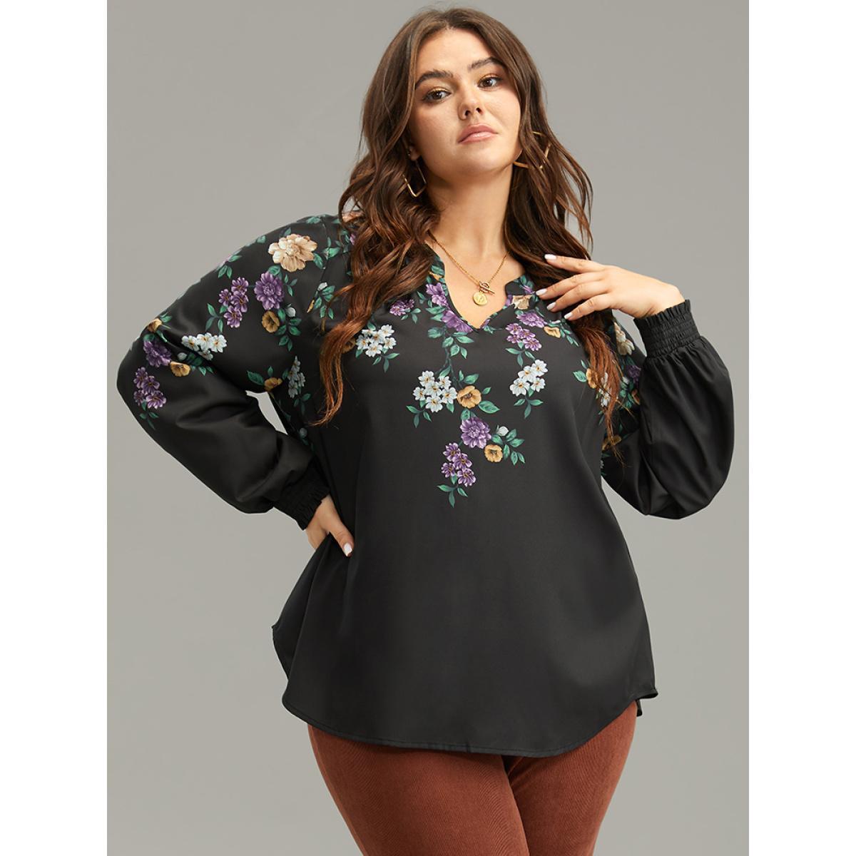 Plus Size Black Floral Print Shirred Curved Hem Blouse Women Elegant Long Sleeve V-neck Dailywear Blouses BloomChic 10/M Product Image