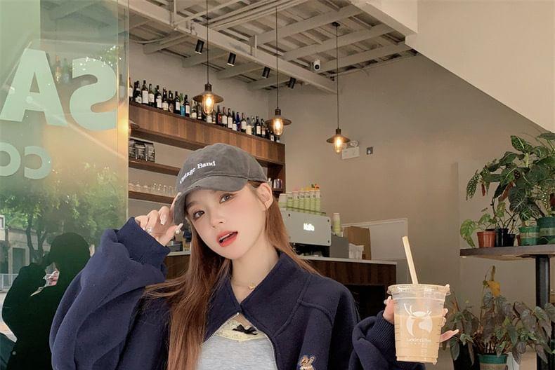Long Sleeve Bear Print Fleeced Loose-Fit Zip-Up Jacket Product Image
