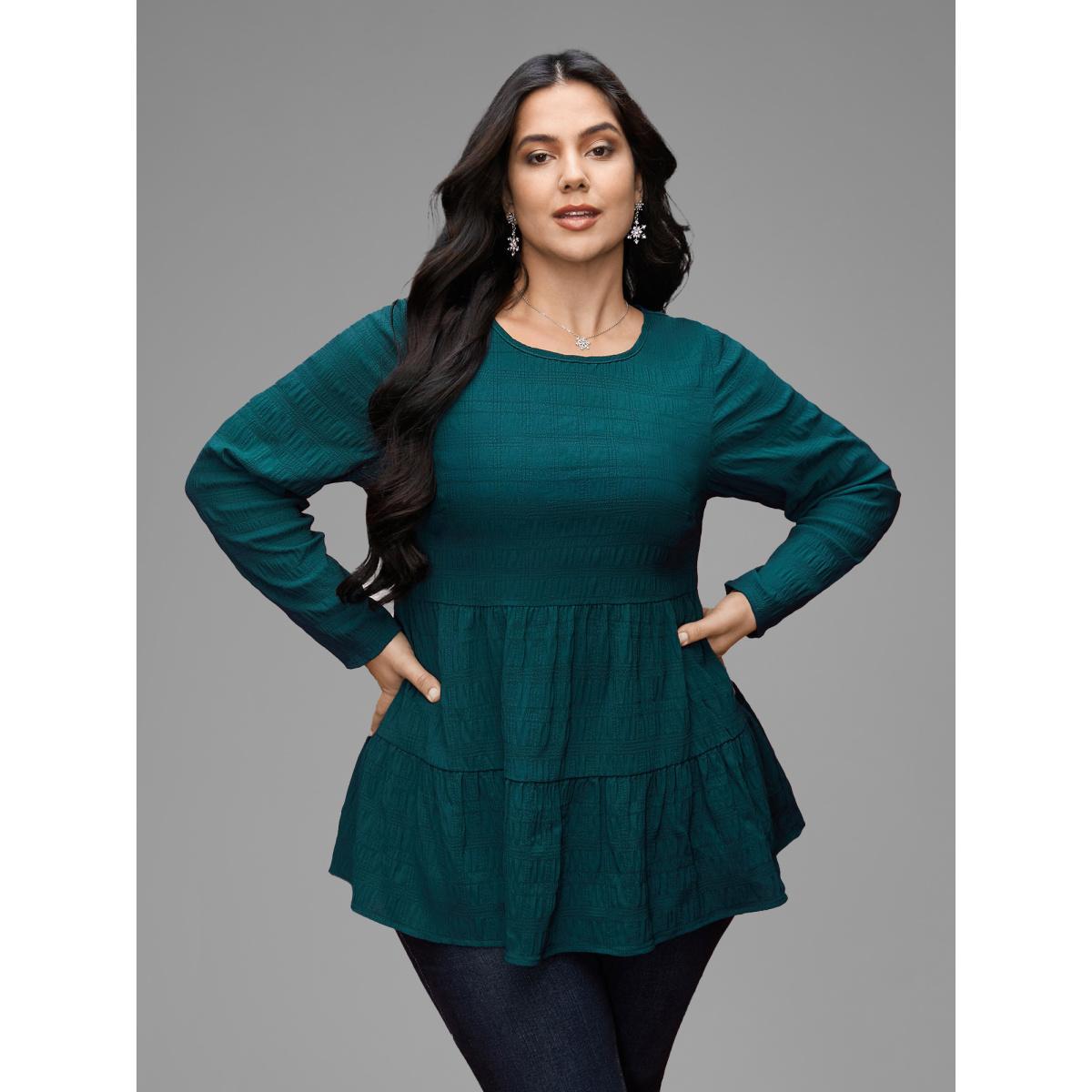 Plus Size Cyan Textured Round Neck Tiered Hem Blouse Women Casual Long Sleeve Round Neck Everyday Blouses BloomChic 18-20/2X Product Image