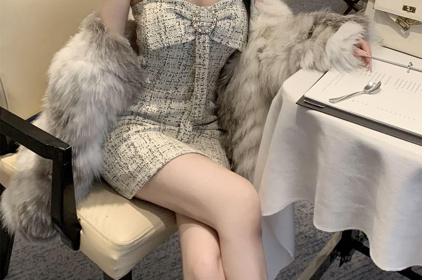 Strapless Tweed Bowknot Bodycon Mini Dress Product Image