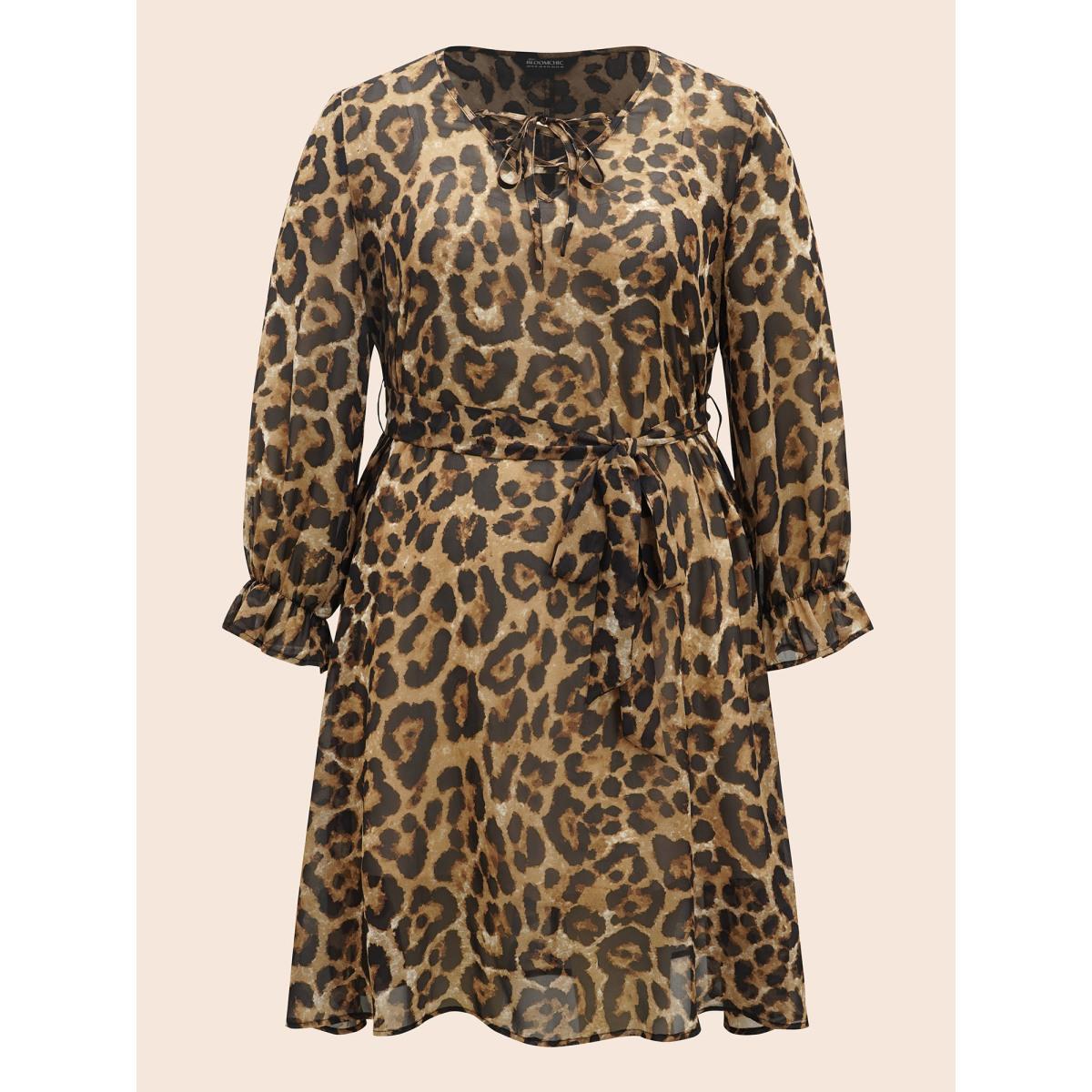 Plus Size Leopard Print Lace Up Lantern Sleeve Dress Leopard Women Elegant Wraparound straps V-neck Long Sleeve Curvy BloomChic 10/M Product Image