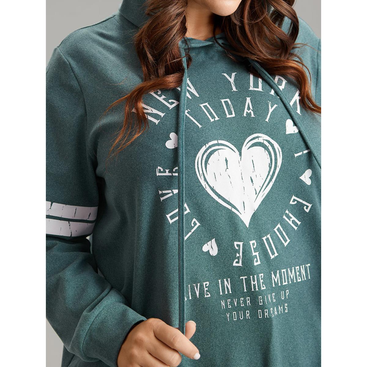 Plus Size Letter & Heart Print Hooded Drawstring Sweatshirt Women Mint Casual Thick Dailywear Sweatshirts BloomChic 26/4X Product Image