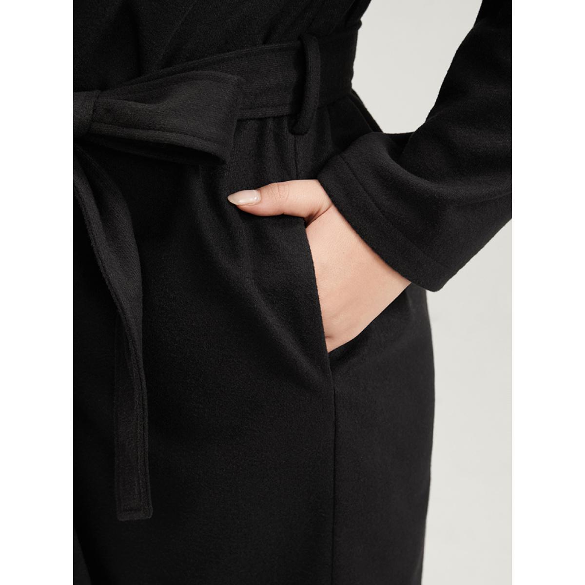 Plus Size Solid Open Front Belted Asymmetrical Hem Blazer Black Women Work Plain Belted Sleeve Long Sleeve Suit Collar 26/4X Pocket Belt Casual Blazers BloomChic Product Image