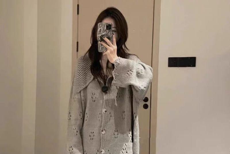 Collar Plain Pointelle Knit Oversized Cardigan Product Image