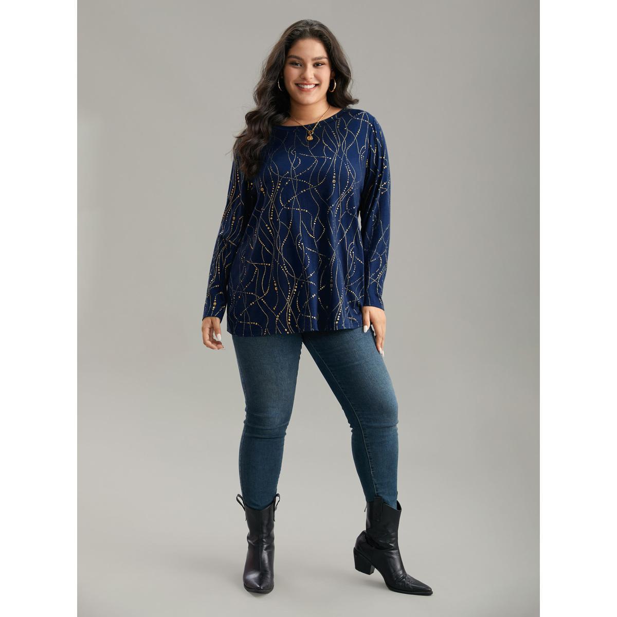 Plus Size Polka Dot Contrast Round Neck T-shirt DarkBlue Women Casual Contrast Polka Dot Round Neck Dailywear T-shirts BloomChic 26/4X Product Image