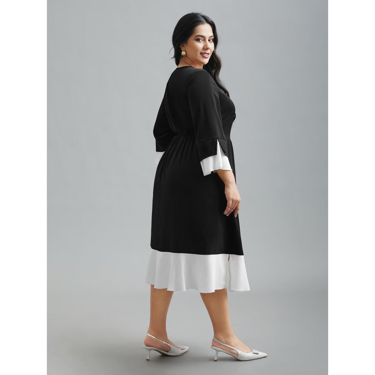 Plus Size Color Contrast Tiered Skirt Pocket Midi Dress Black Women At the Office Contrast Round Neck Elbow-length sleeve Curvy BloomChic 18-20/2X Product Image