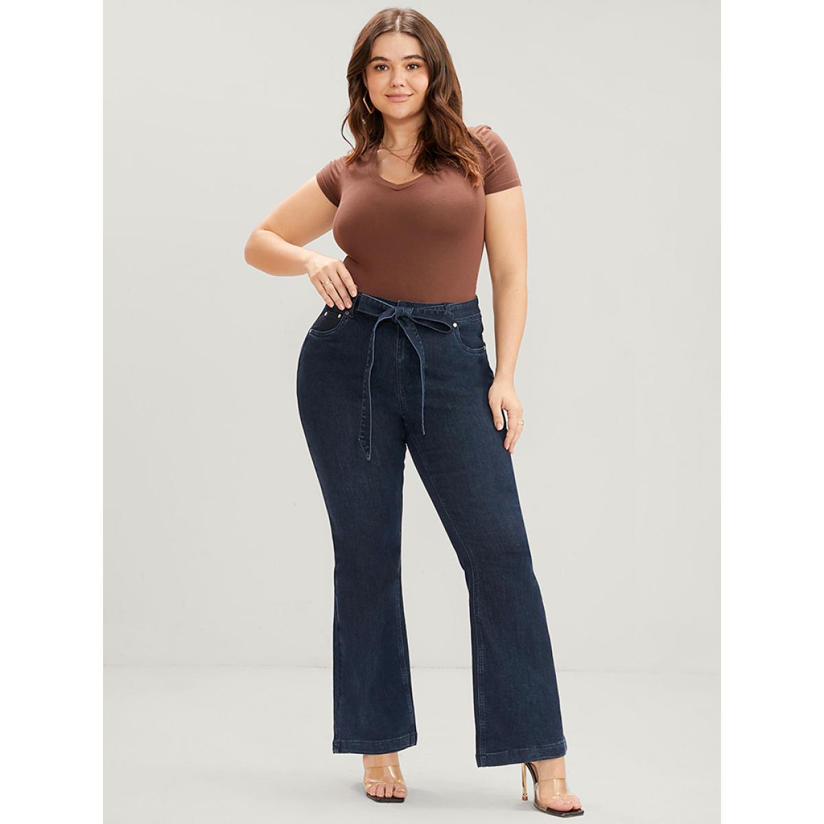 Plus Size Bootcut Slightly Stretchy High Rise Dark Wash Belted Jeans Women Indigo Elegant Plain Plain Low stretch Pocket Jeans BloomChic 10/M Product Image