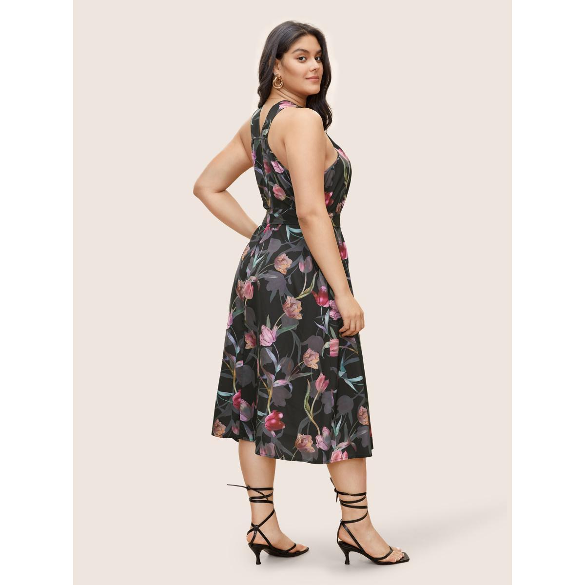 Plus Size Floral Halter Belted Twist Front Pocket Dress BlackFlower Women Elegant Belted Halter neck Sleeveless Curvy Midi Dress BloomChic 30/6X Product Image