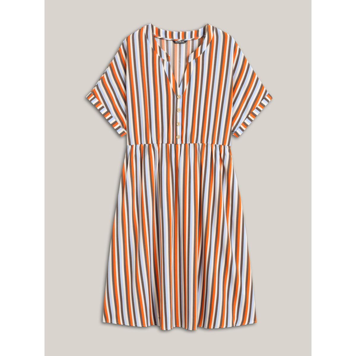 Plus Size Stripes Notched Collar Pockets Midi Dress Multicolor Women Round Neck Cap Sleeve Curvy BloomChic 30/6X Product Image