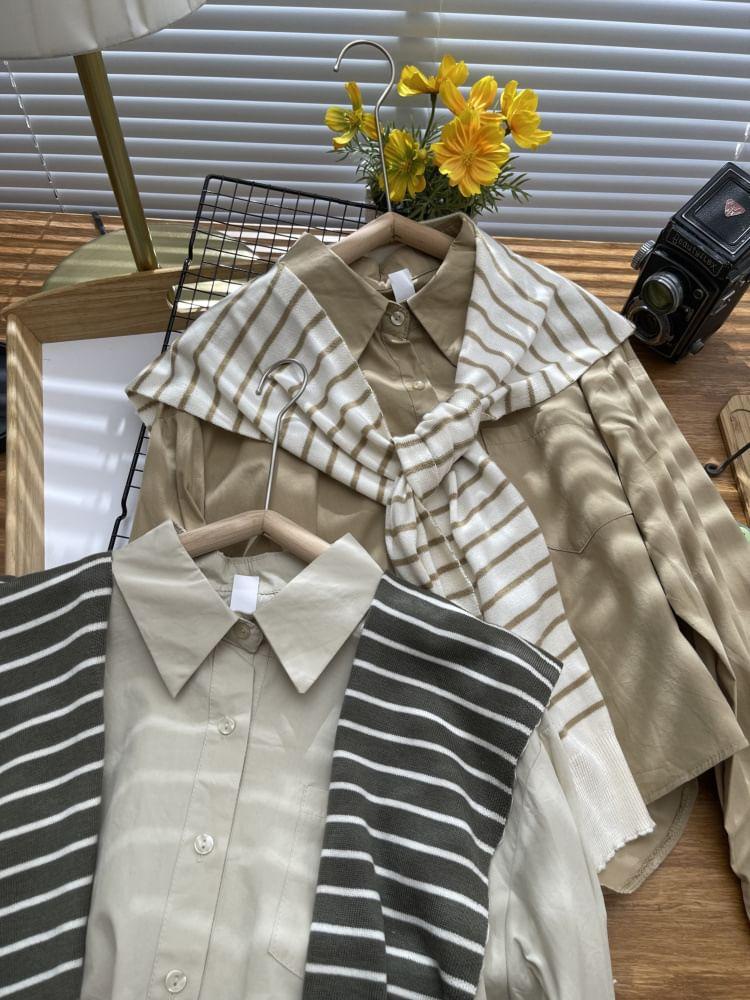Set: Long-Sleeve Plain Button-Up Crop Shirt + Striped Knit Shawl Product Image