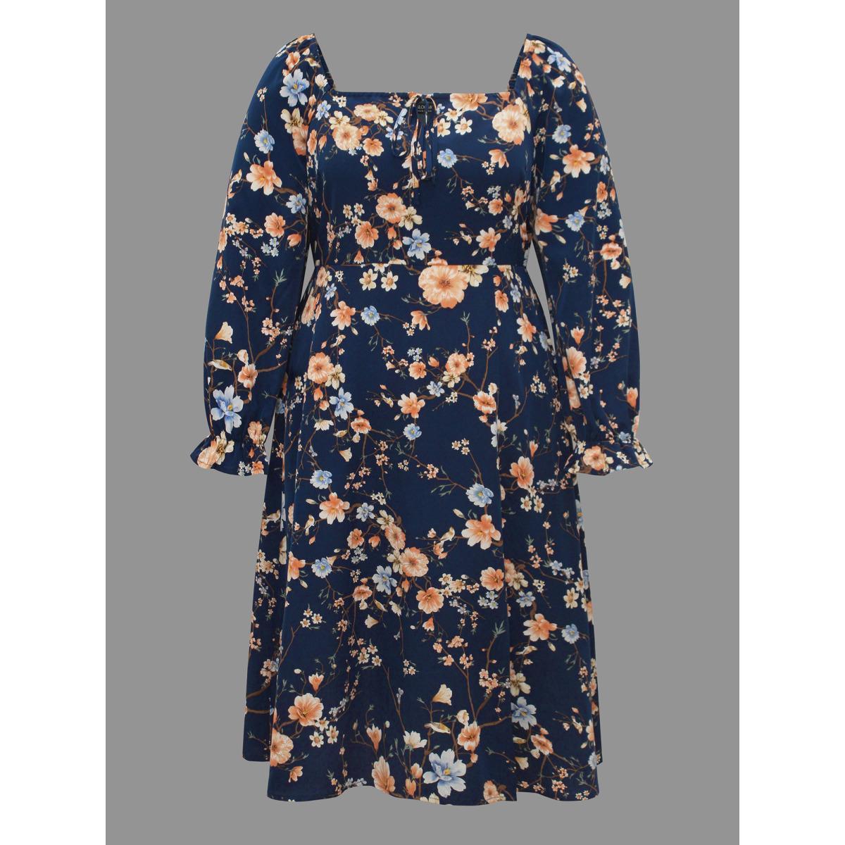 Plus Size Floral Knot Neck Split Hem Dress Indigo Women Elegant Tie knot Square Neck Long Sleeve Curvy BloomChic 26/4X Product Image