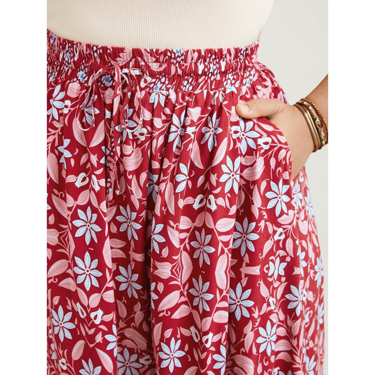Plus Size Spring Floral Fusion Panelled Tiered Skirt Women Russet Resort Patchwork Low stretch Slanted pocket Vacation Skirts BloomChic 30/6X Product Image