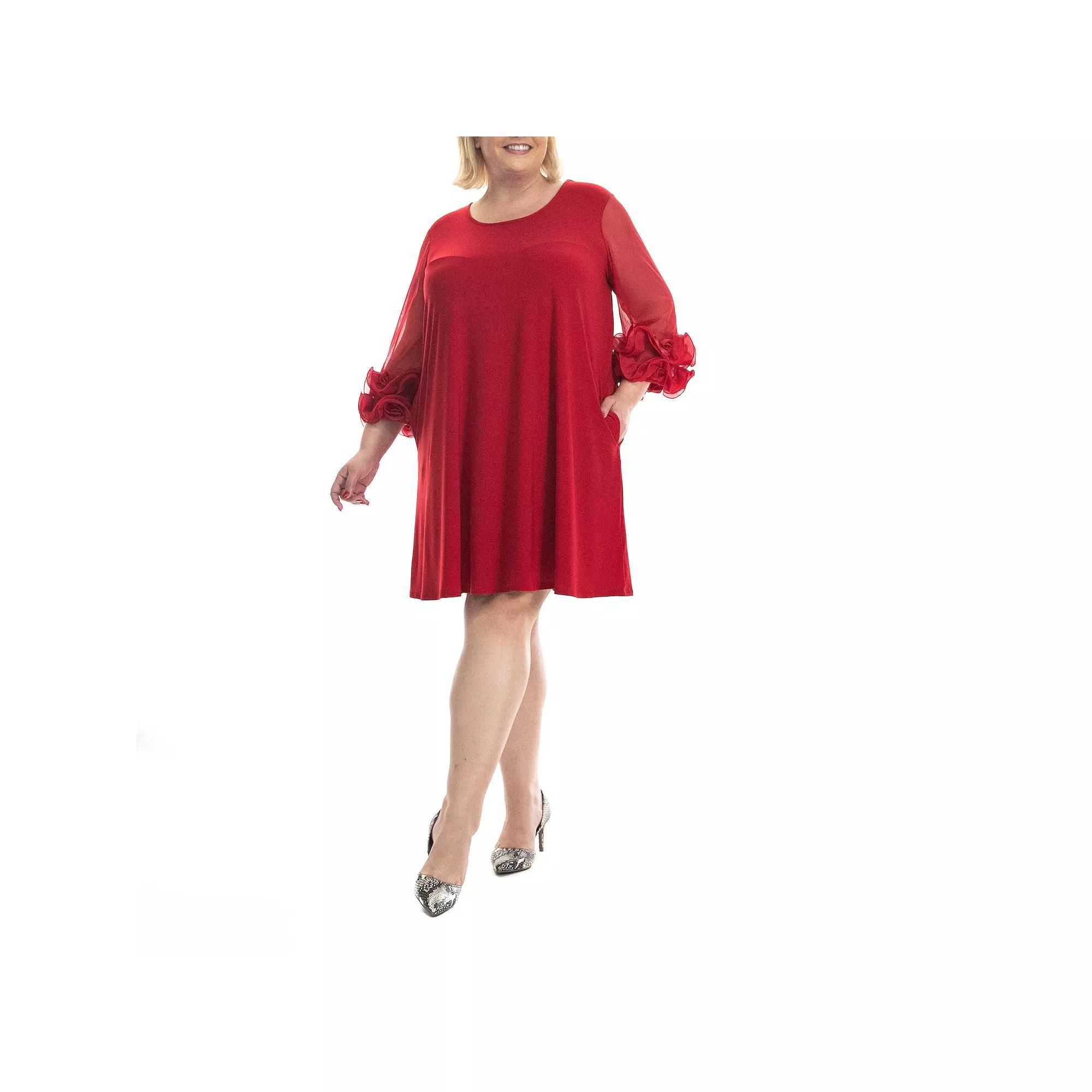 Plus Size Nina Leonard Mesh Ruffle Dress, Women's, Size: 1XL, Rich Green Product Image