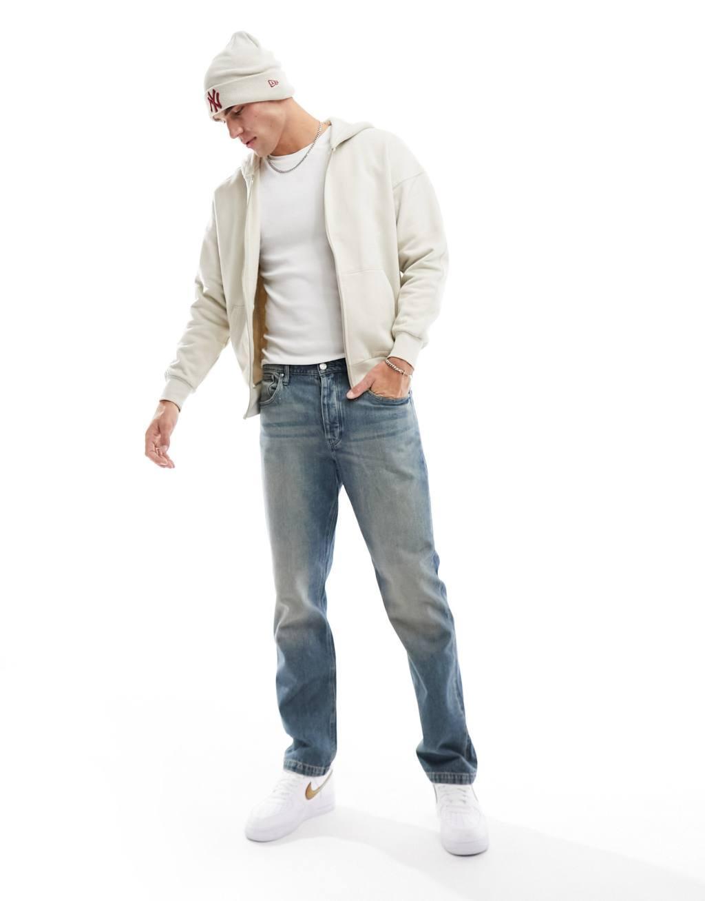 ONLY & SONS heavyweight zip through hoodie in stone Product Image
