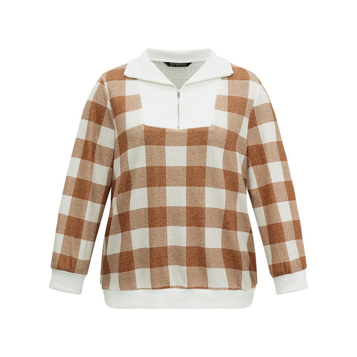 Plus Size Plaid Patchwork Contrast Half Zip Sweatshirt Women Bronze Casual Contrast Polo Dailywear Sweatshirts BloomChic 10/M Product Image