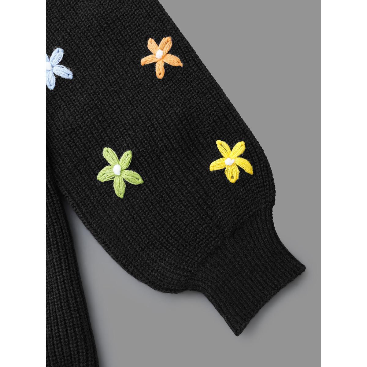Plus Size V Neck Crochet Floral Drop Shoulder Pullover Black Women Casual Loose Long Sleeve V-neck Everyday Pullovers BloomChic 22-24/3X Product Image