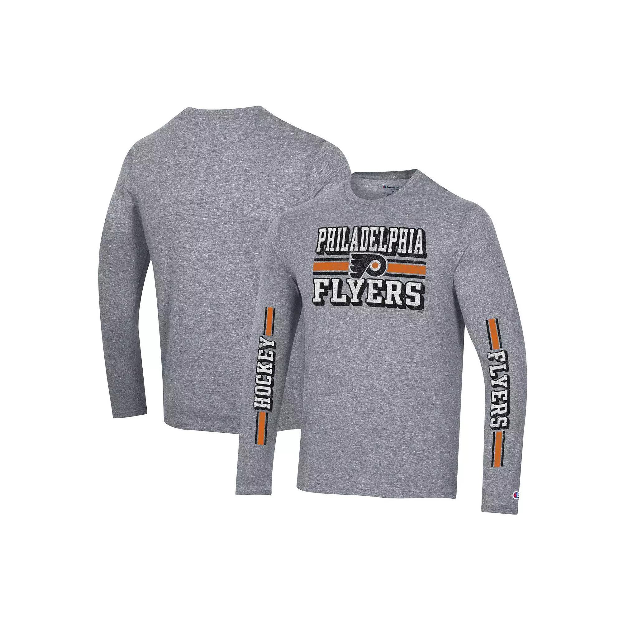 Men's Champion Heather Gray Philadelphia Flyers Tri-Blend Dual-Stripe Long Sleeve T-Shirt, Size: 2XL, Fly Grey Product Image