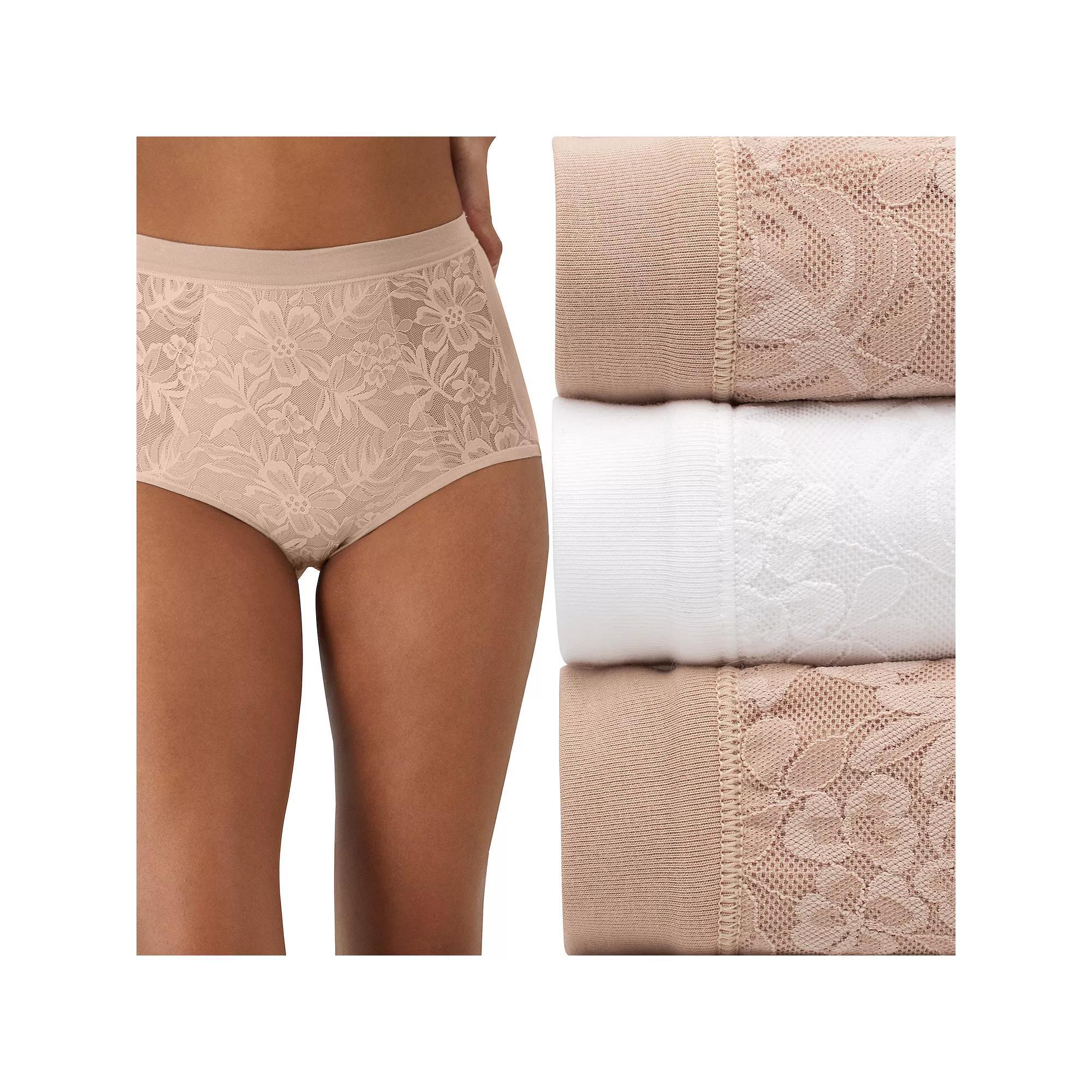 Bali Breathe Cotton Modal 3-Pack Lace High Rise Briefs DFCLB3, Women's, Size: 9, Brown White Brown Product Image