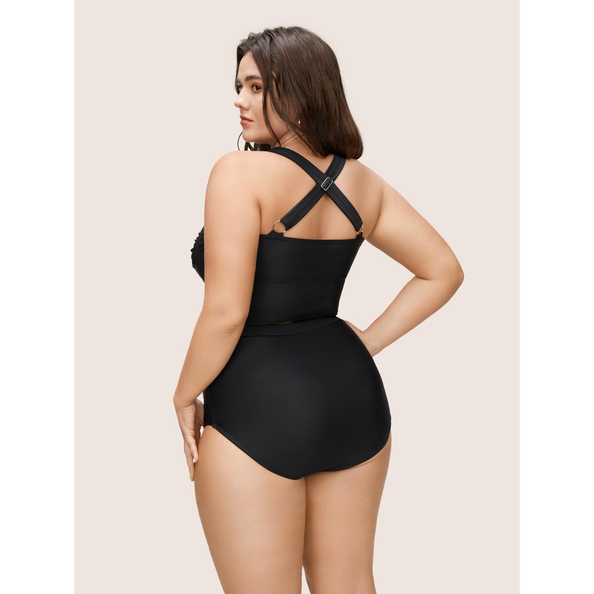 Plus Size Solid Crossover Square Neck Adjustable Straps Swim Top Women's Swimwear Black Beach Twist High stretch Skinny Square Neck Curve Swim Tops BloomChic 22-24/3X Product Image