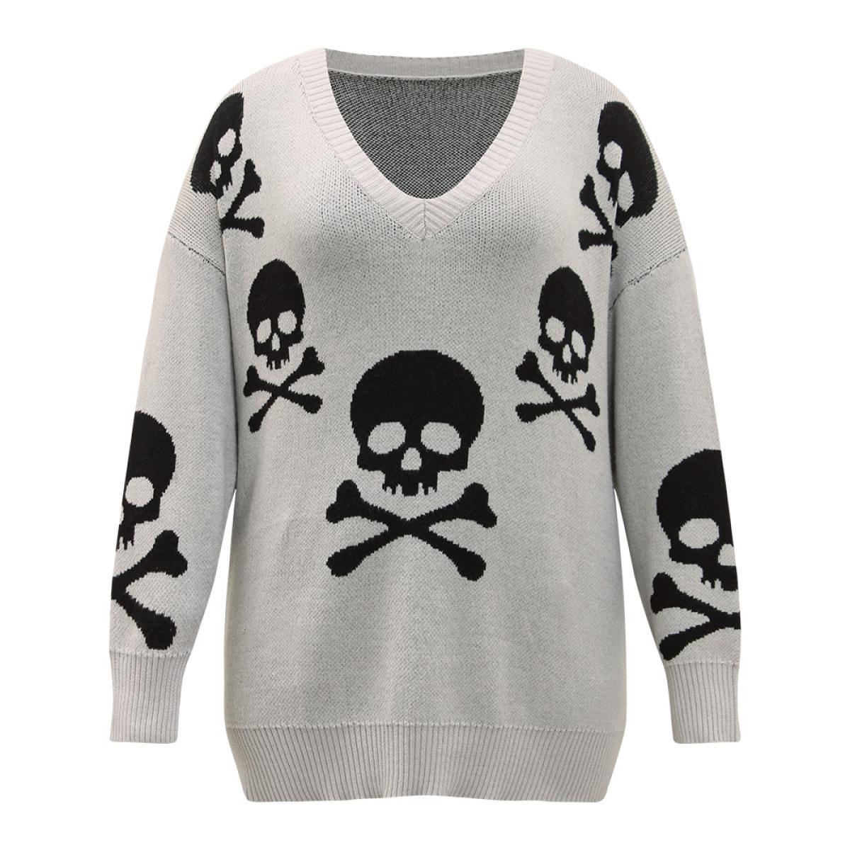 Plus Size Supersoft Essentials Halloween Skull Print V Neck Pullover LightGray Women Casual Long Sleeve V-neck Festival-Halloween Pullovers BloomChic 22-24/3X Product Image
