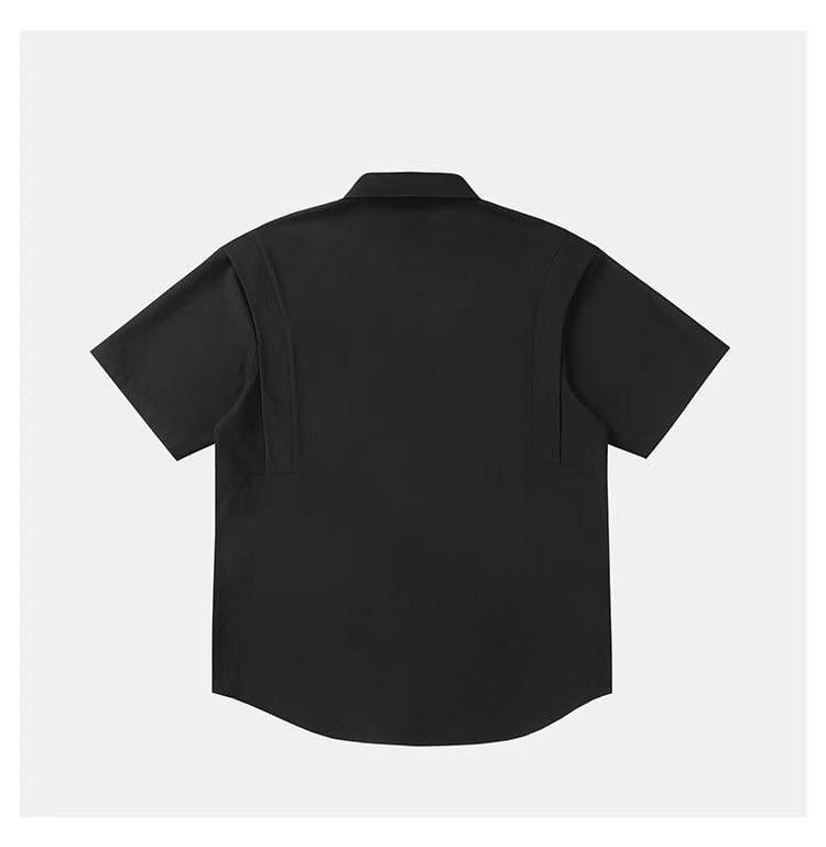 Short Sleeve Collared Plain Panel Shirt Product Image