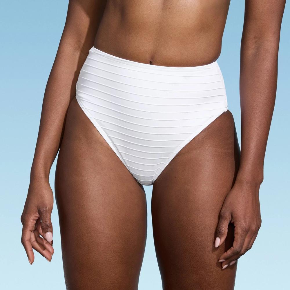 Lands End Womens Ribbed Smoothing High Waist Bikini Bottom - White M: UPF 50+ Coverage, Pull-On Style Product Image