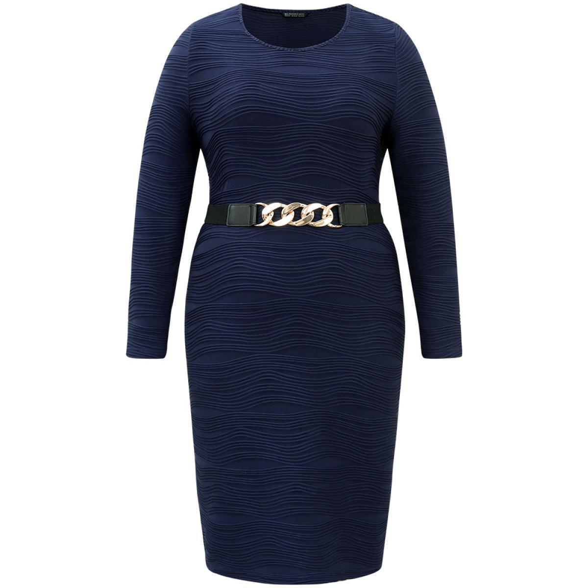 Plus Size Rib Knit Plain Belted Crew Neck Dress Indigo Women At the Office Texture Round Neck Long Sleeve Curvy Midi Dress BloomChic 28/5X Product Image