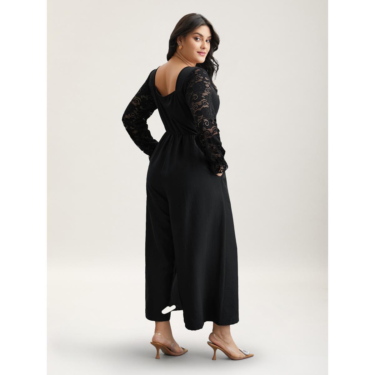 Plus Size Black Lace Sheer Sleeve Flared Jumpsuit Women Elegant Extra Long Sleeve Heart neckline Everyday-Elegant Loose Jumpsuits BloomChic 12/L Product Image