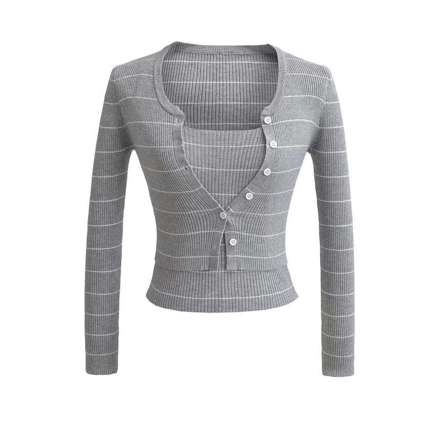 Set: Striped Button-Up Crop Cardigan + Cami Top Product Image