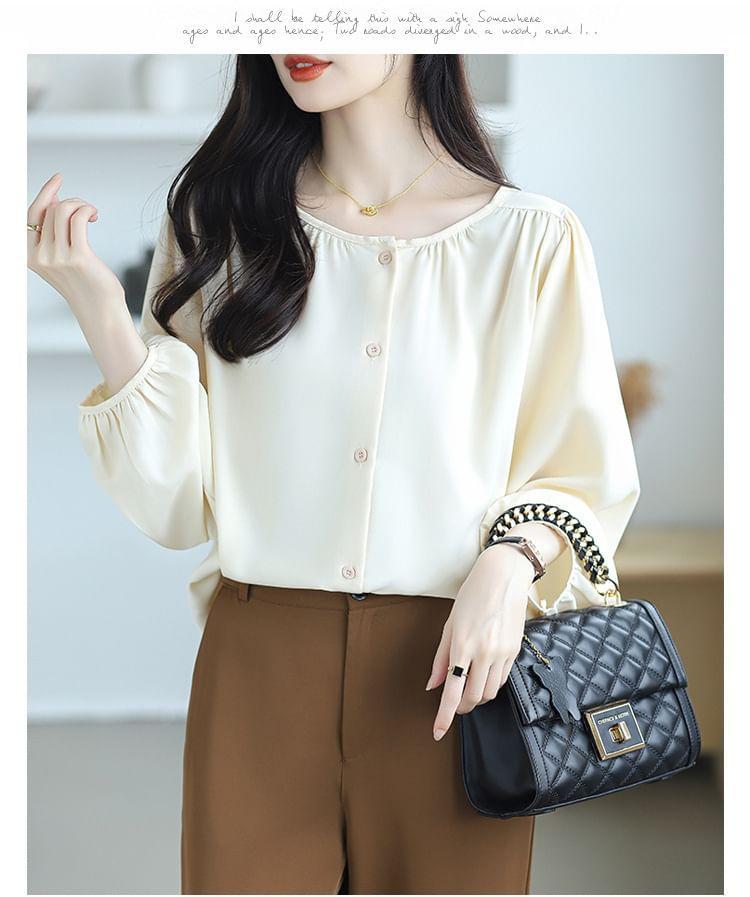 Puff-Sleeve Scoop Neck Plain Blouse Product Image