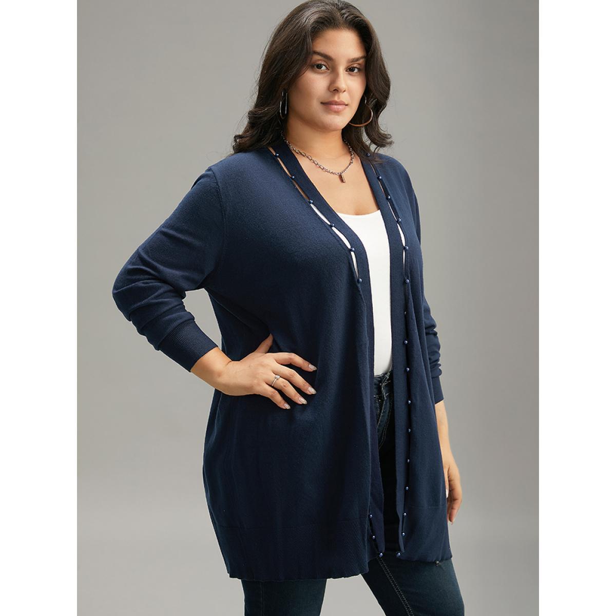 Plus Size Supersoft Essentials Plain Hollow Out Pearl Beaded Open Front Cardigan Indigo Women Casual Loose Long Sleeve Dailywear Cardigans BloomChic 14-16/1X Product Image